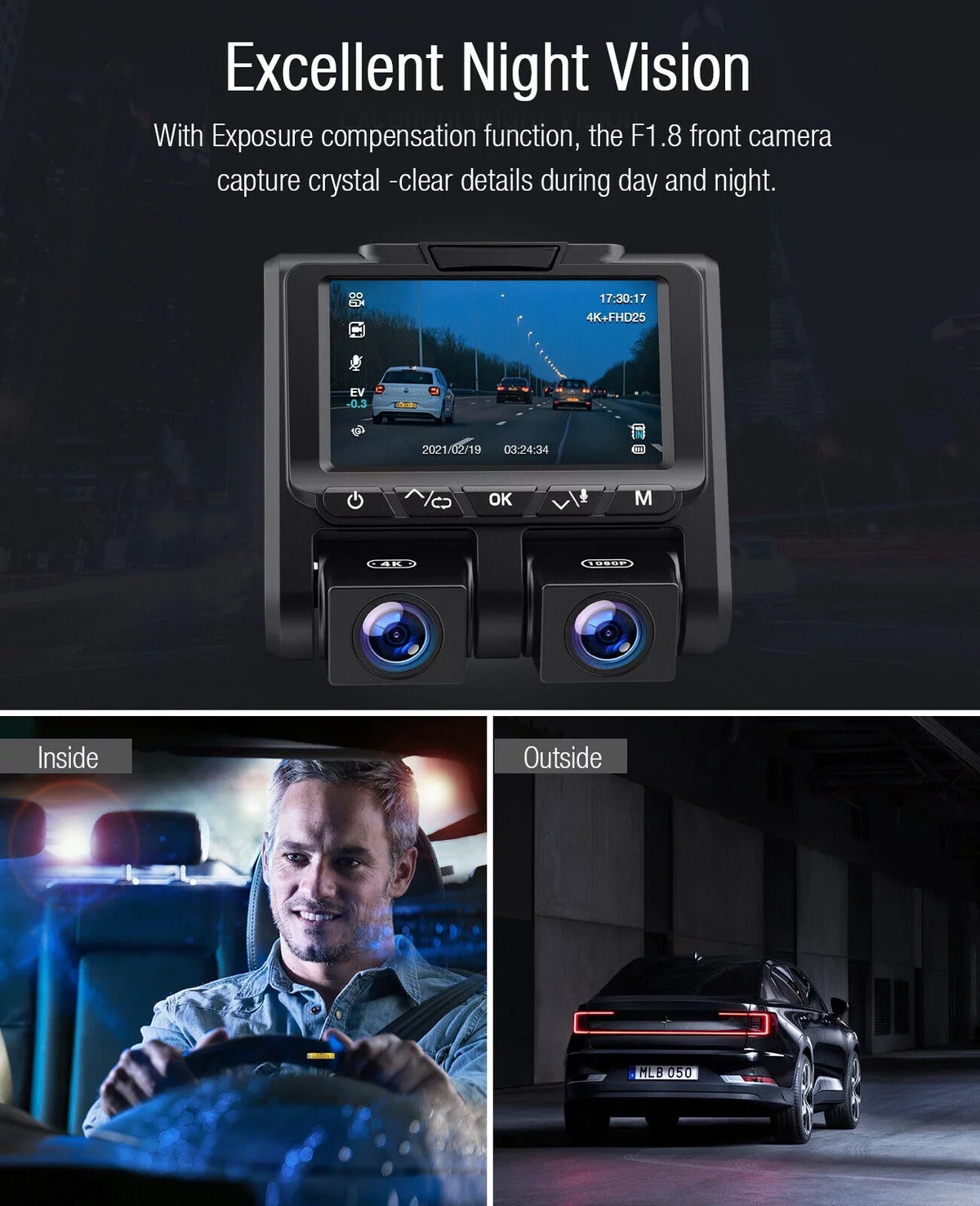 Camera Loop Screen 4K+1080P Mode Dash 3" and Recording G-Sensor 4K TOGUARD Parking Camera Inside Car Cam LCD Dash Front