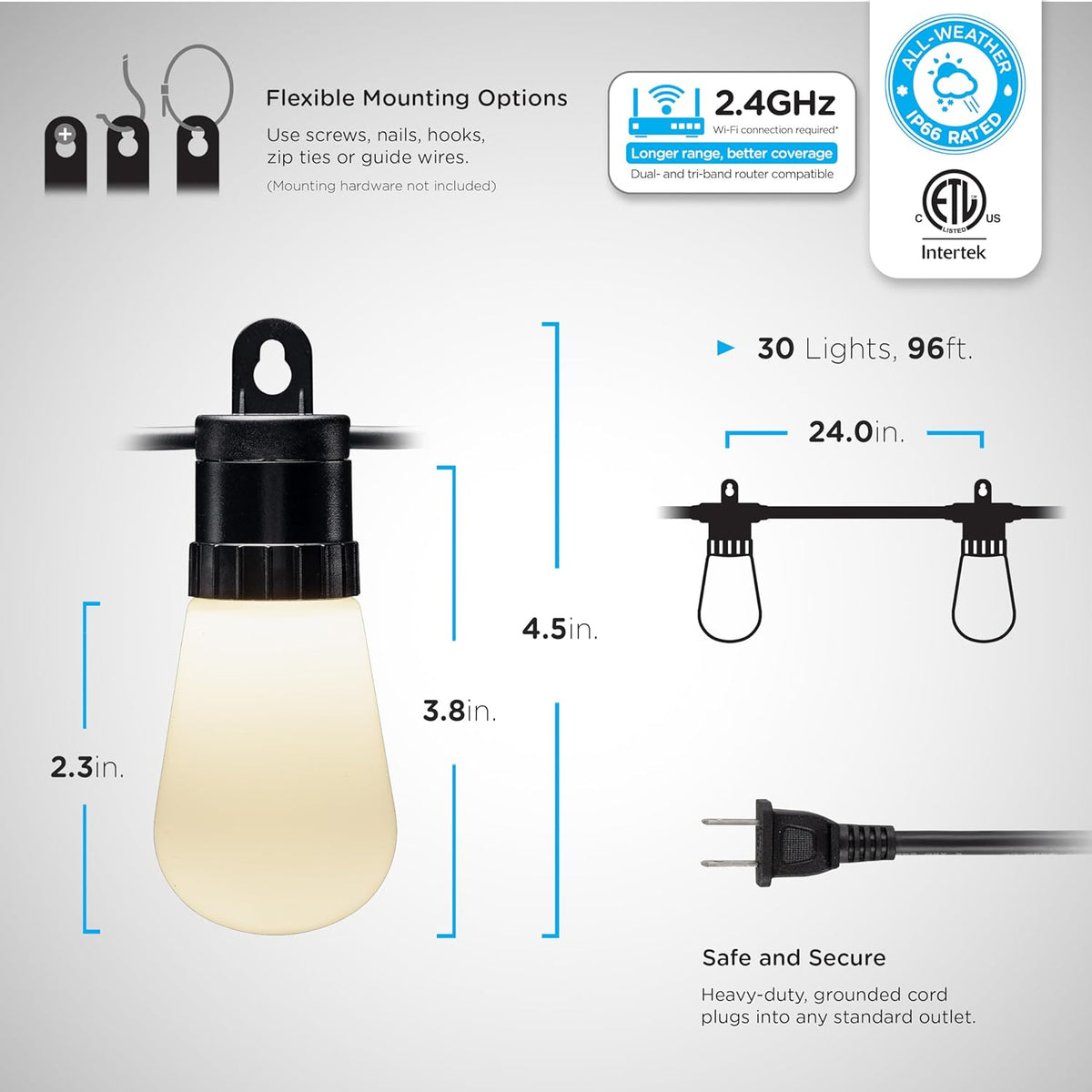 String 96 Lights, Customizable, 79617 Dimmable Wi-Fi Outdoor RGB Lights, Changing App Lightweight 30 Smart Lights, Control, MINGFENG Color Weatherproof, String Patio ft, LED
