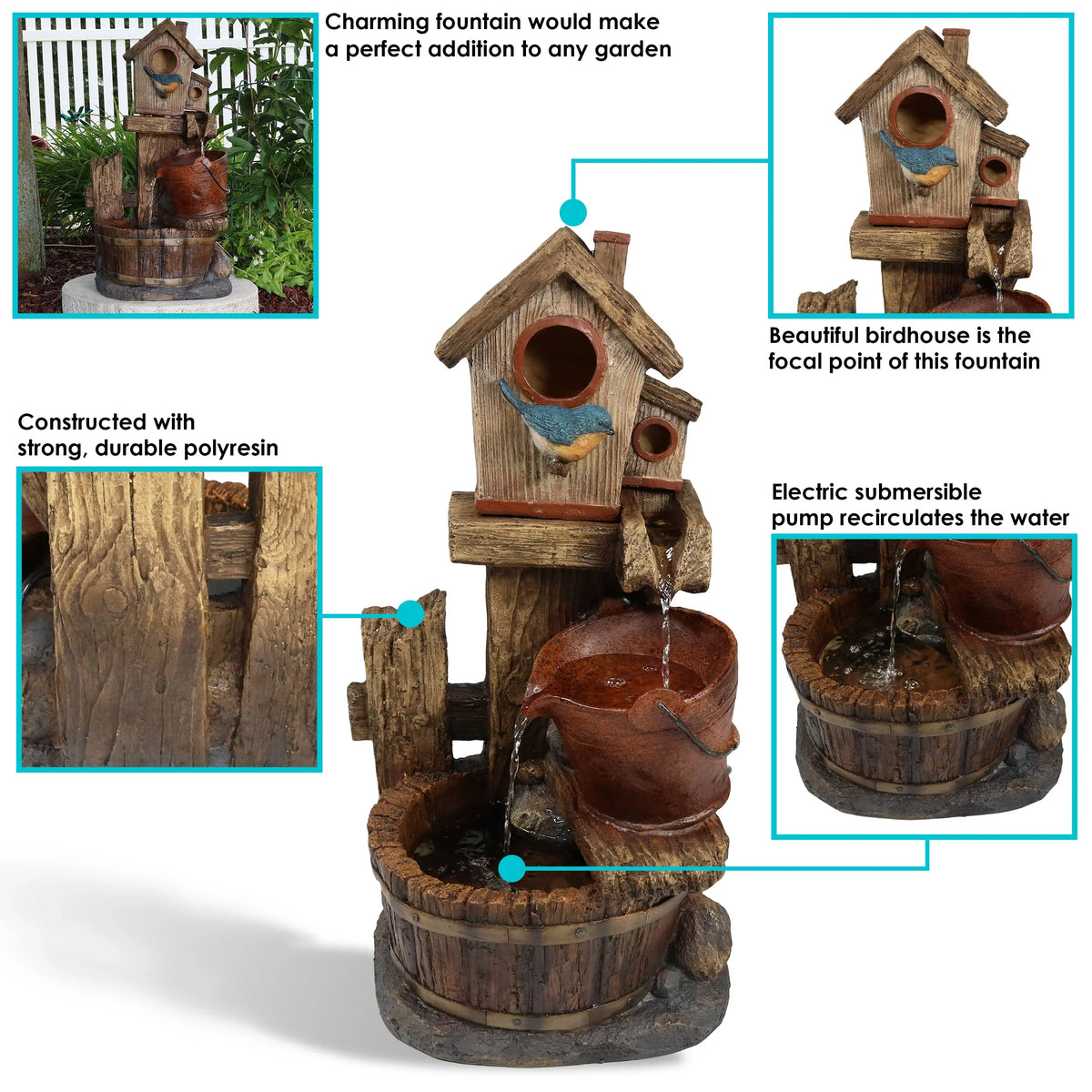 '- and House 26" Sunnydaze Buckets Outdoor Bluebird Fountain