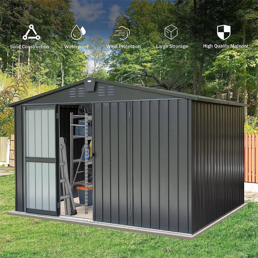 Shed Garden Storage Trash Black) 10'X Door Cabinet Lawn Steel for Backyard, Outdoor Outdoor Storage Can, Tools, with Galvanized Patio, (10X8ft, Homiyad Shed for Lockable 8', Bike, Metal
