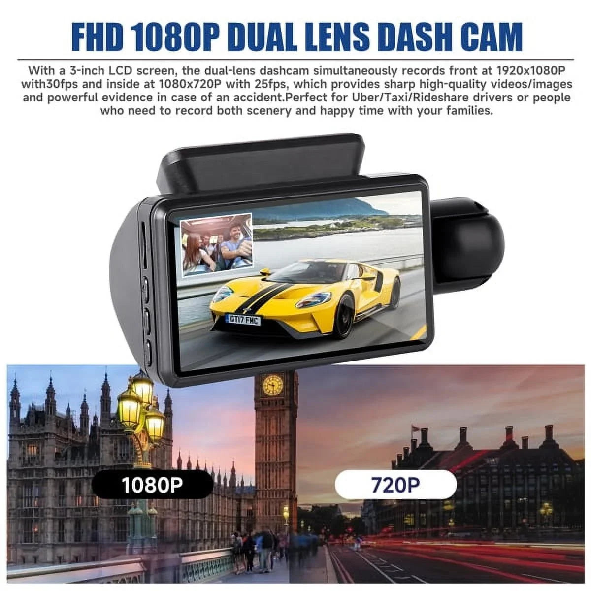 Wide & Night Front 170° Dash Camera Cam Rear, Vision G-Sensor SYTHERS 1080P Dash with and Angle