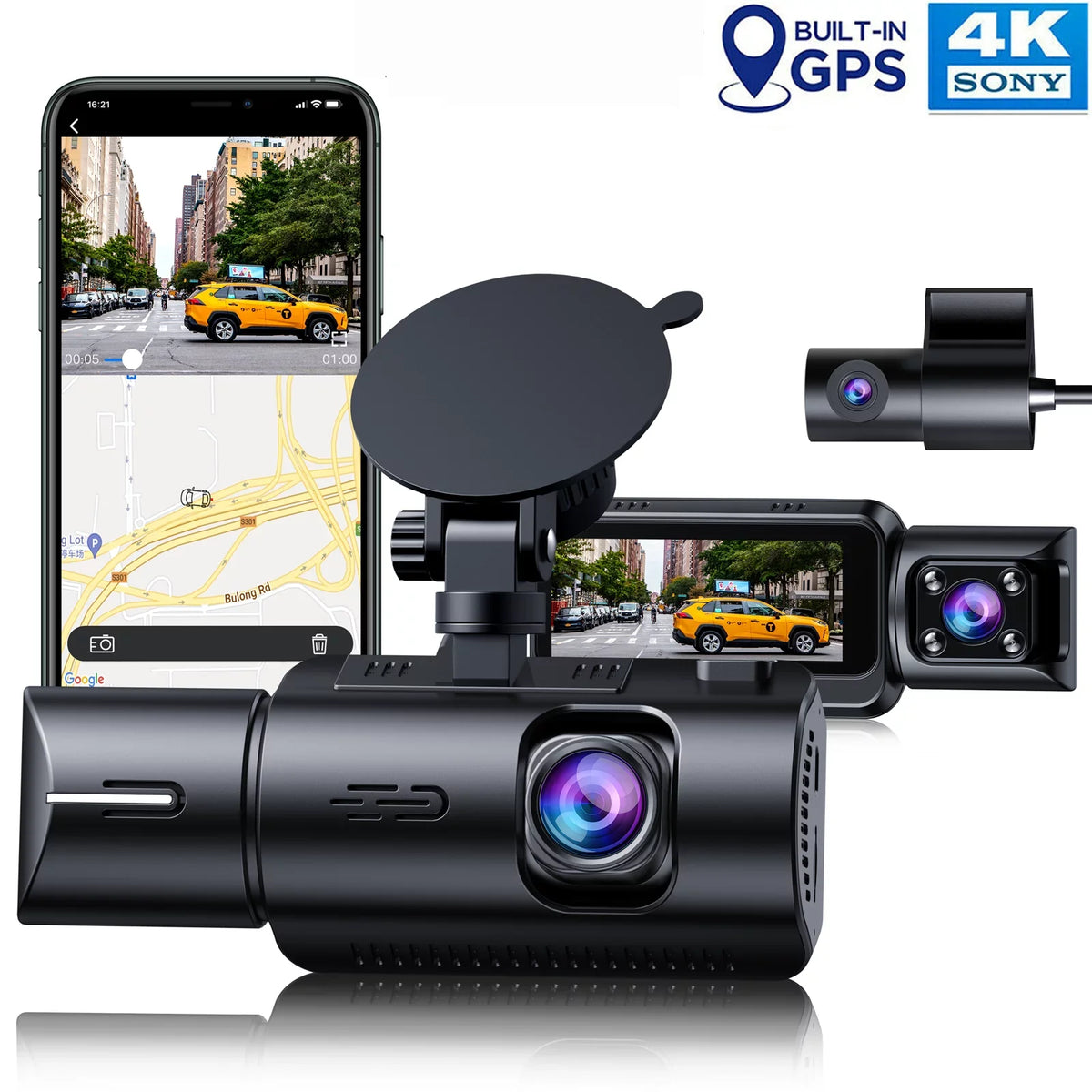 Loop with Rear Dash Rear Vision, Night and GPS, Inside Car Dash IR Parking Camera 3 Channel Front Cam Motion TOGUARD Camera Monitor, 4K Recording, G-sensor, Detection Front