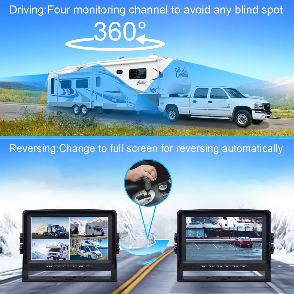 for Trailer Split 4 View Screens RV IP69 Side and Large A9 Backup Camera RV Backup HD eRapta Monitor, with camera Truck Camera Rear Waterproof Advanced DVR Record System 9’’ Car Quad Box Function