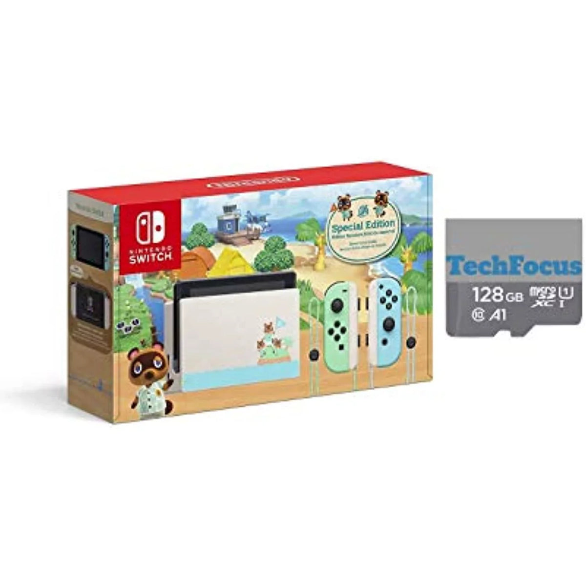 LCD Blue Edition Nintendo - Display Bundle with128GB Animal and Joy-Con Crossing: with - MicroSD Green Holiday Card Switch Horizons New Touchscreen
