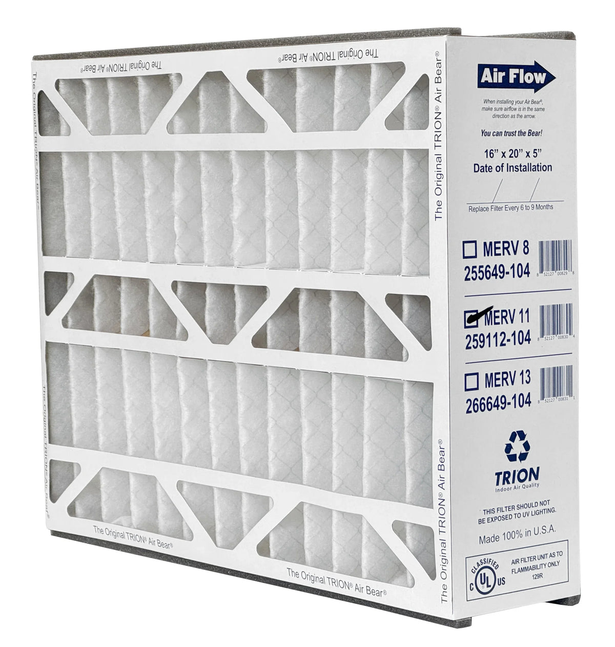 x Filter, MERV Air 16" Pleated Bear Trion 11 259112-104 x 5" - Air 20"