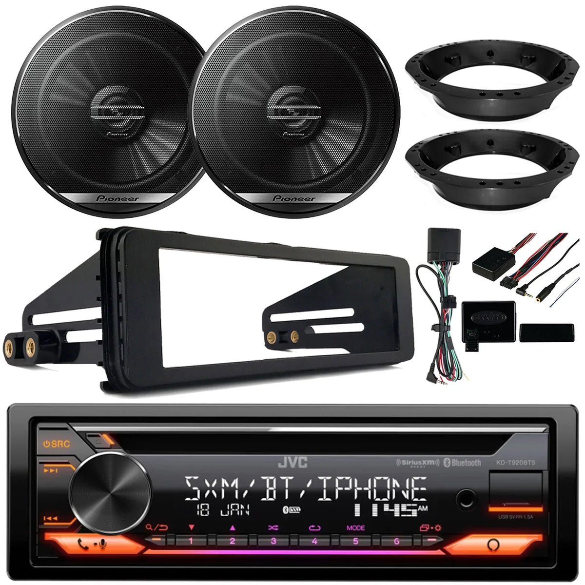 Built-In, Car Single CD 6.5" JVC Amazon 98-2013 Multimedia Coaxial Audio USB DIN with 2x Install Alexa AM/FM Stereo Player Speakers, Kit Car Bluetooth Adapter KD-T920BTS AUX Receiver Harley 2-Way