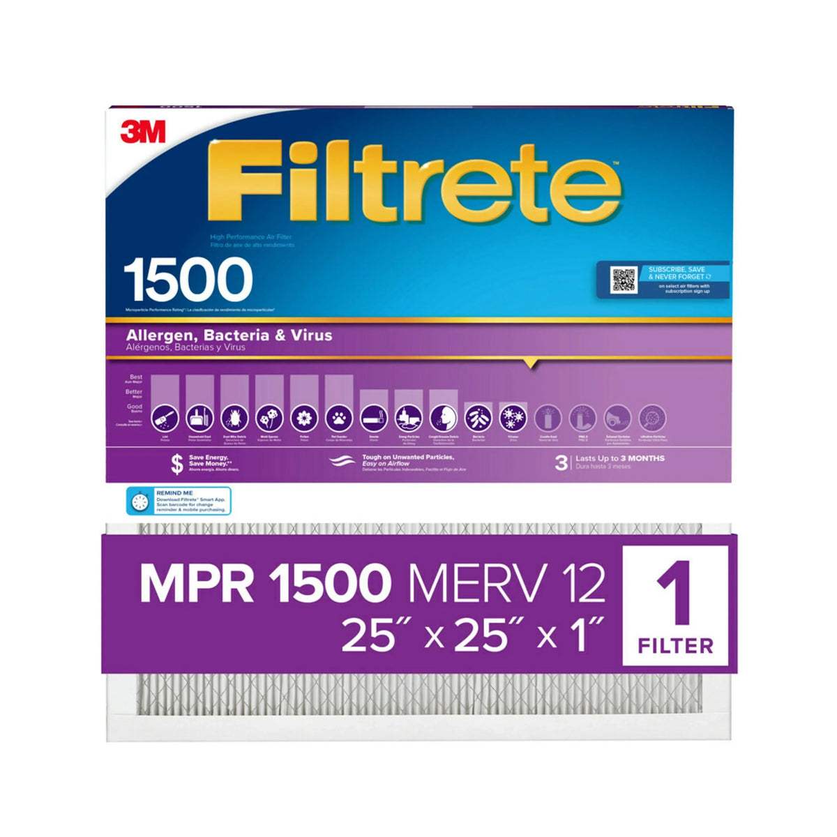 Bacteria Filtrete Filter, Filter 1500 1 MERV 25x25x1 12, Allergen, and Virus, MPR Air
