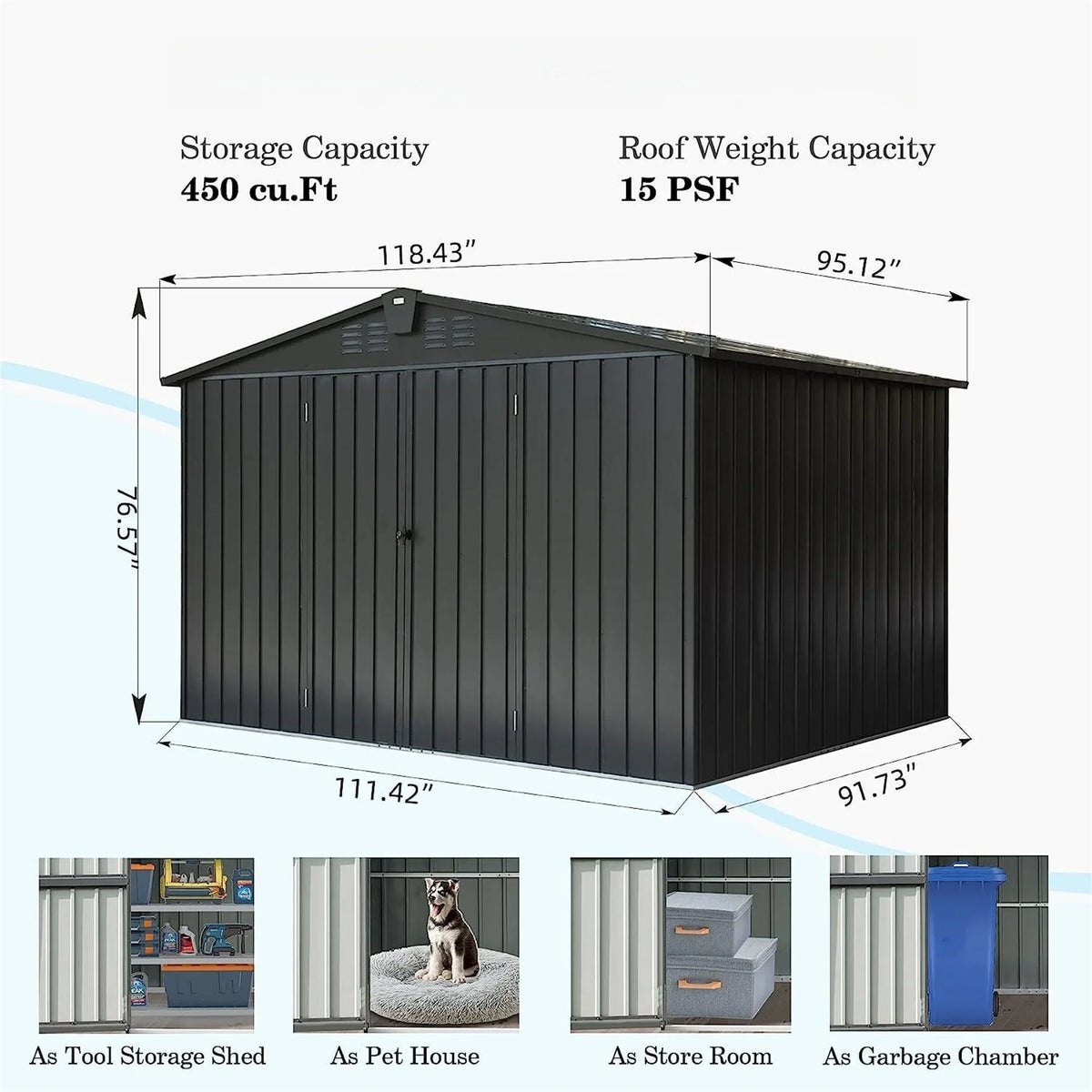 Shed Garden Storage Trash Black) 10'X Door Cabinet Lawn Steel for Backyard, Outdoor Outdoor Storage Can, Tools, with Galvanized Patio, (10X8ft, Homiyad Shed for Lockable 8', Bike, Metal