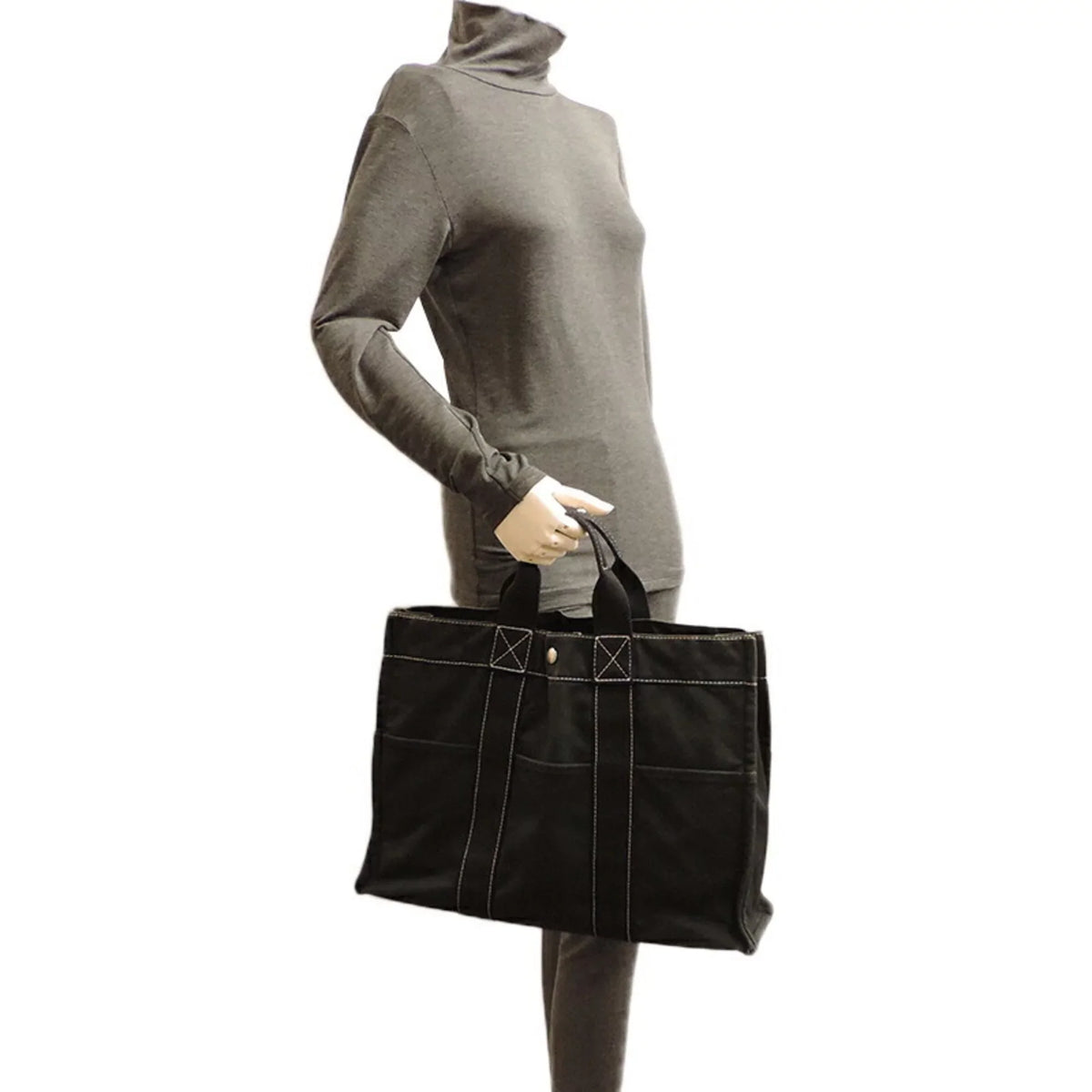 Deauville Cotton Ladies Bag Pre-Owned MM Canvas Black (Fair) Tote Hermes