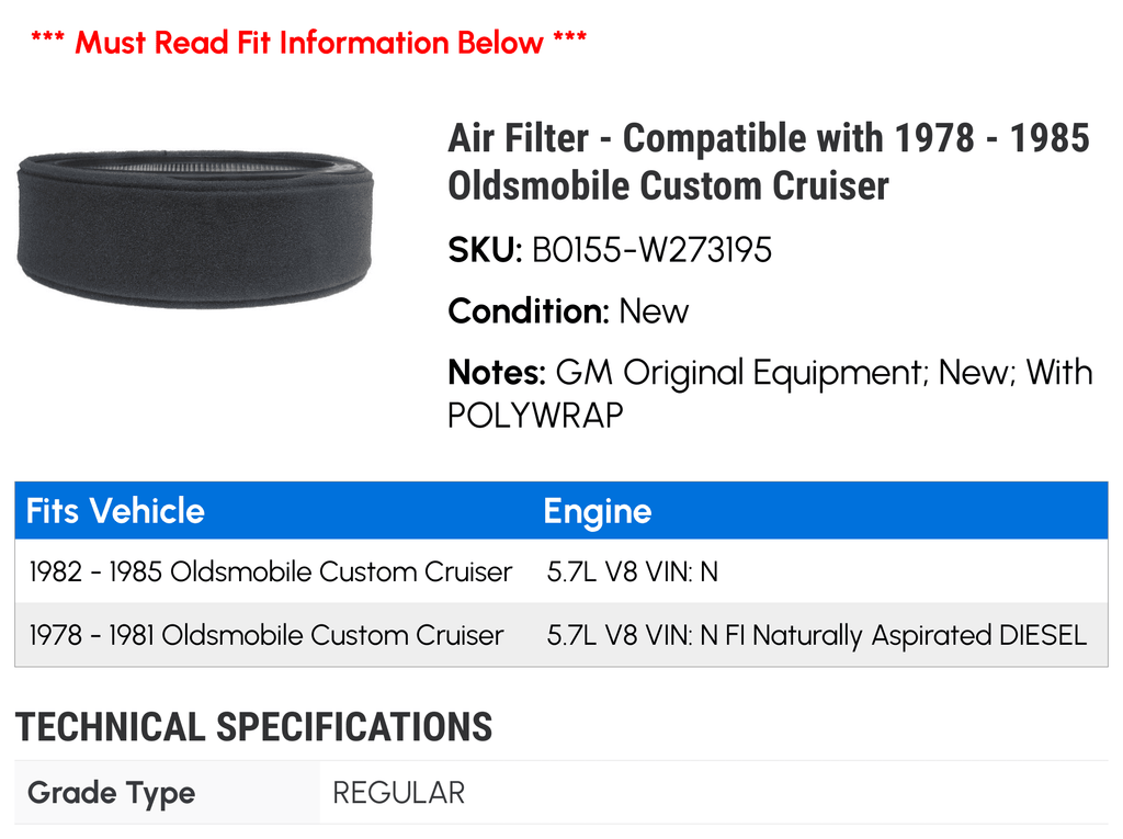 with 1980 1978 1982 - 1981 1979 Compatible Custom Oldsmobile - 1984 1983 Cruiser 1985 Air Filter