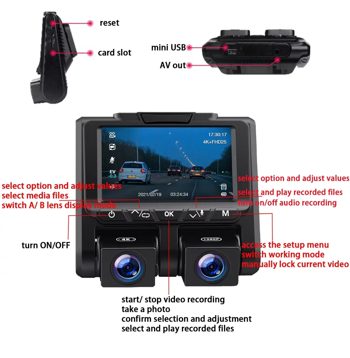 Camera Loop Screen 4K+1080P Mode Dash 3" and Recording G-Sensor 4K TOGUARD Parking Camera Inside Car Cam LCD Dash Front
