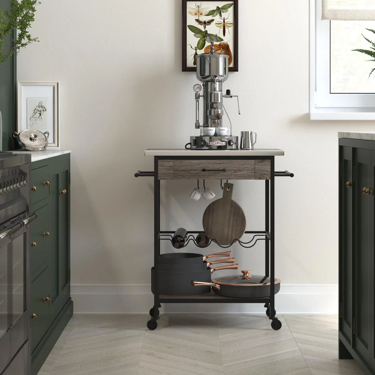 Black Multifunctional Storage, Kitchen Rack Metal, Steel Cart, Stainless and Nora Novogratz and Brown Wine Pantry