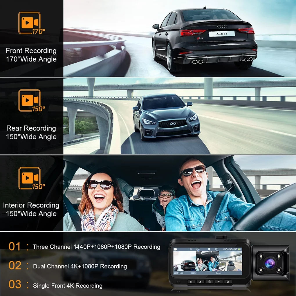 Loop with Rear Dash Rear Vision, Night and GPS, Inside Car Dash IR Parking Camera 3 Channel Front Cam Motion TOGUARD Camera Monitor, 4K Recording, G-sensor, Detection Front