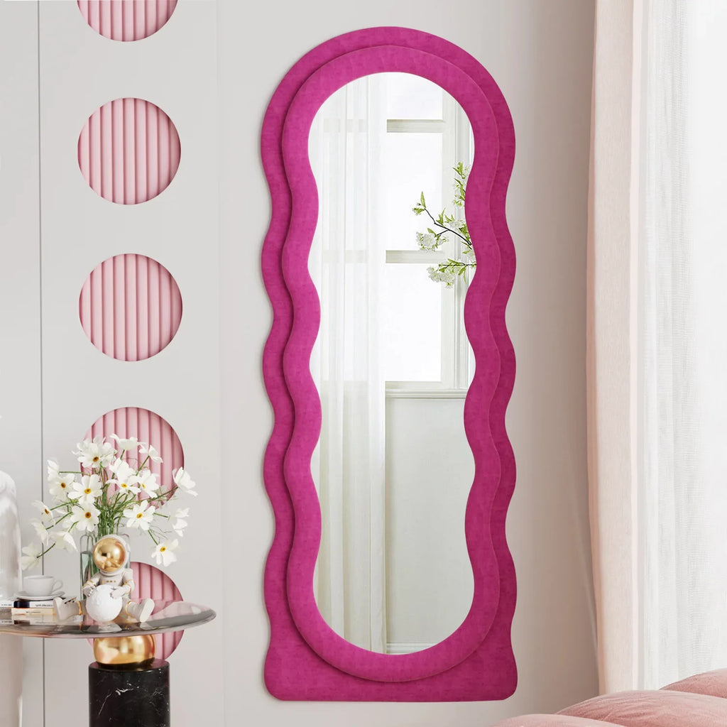 Wavy Mirror Wall Bedroom Mirror 63"x24" Stand, for Mounted with Full Floor Freestanding (Pink) Length Mirror, VLUSH