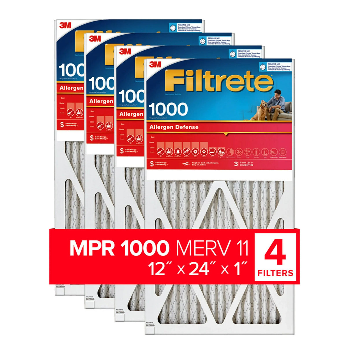 Allergen 1000 12x24x1 Defense, MERV 11, Filtrete Filters MPR Air Filter, 4