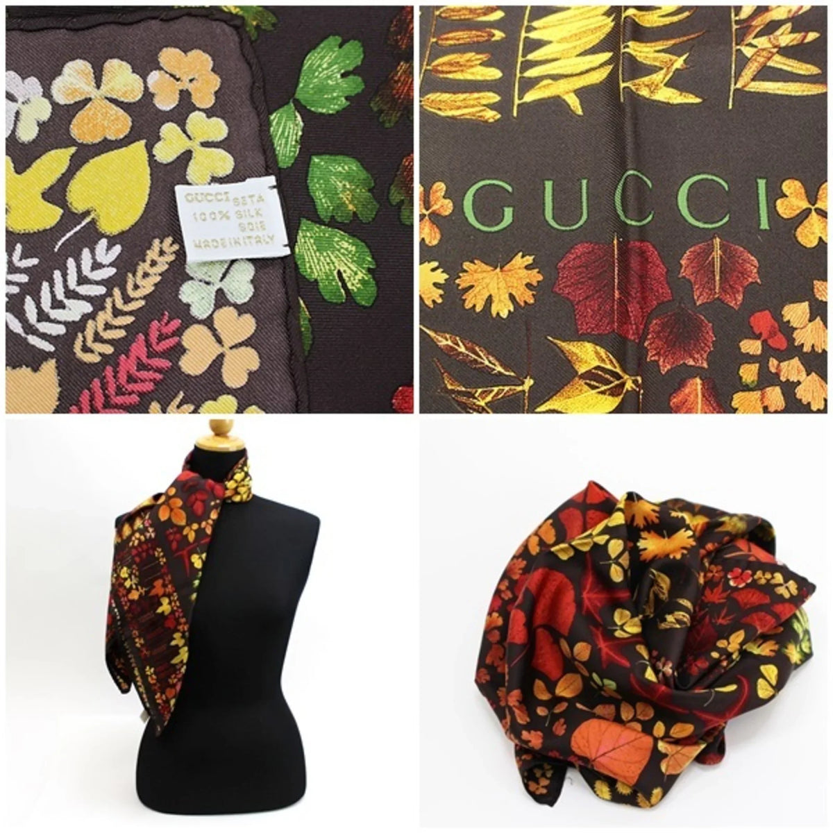 (Good) Leaf Stole Brown Pre-Owned Scarf Silk Autumn Pattern GUCCI Muffler Ladies | Gucci