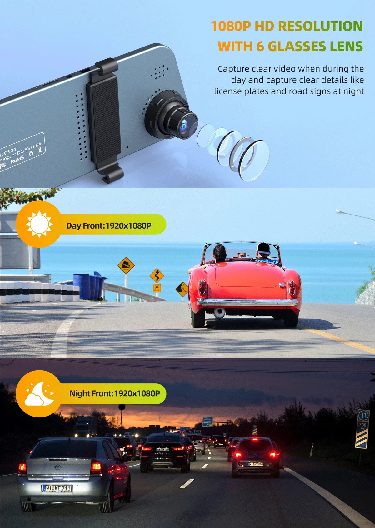 Full Lens with Front TOGUARD Backup Rear Camera HD Dual Rear 5" Camera Dash Waterproof Cam 1080P and