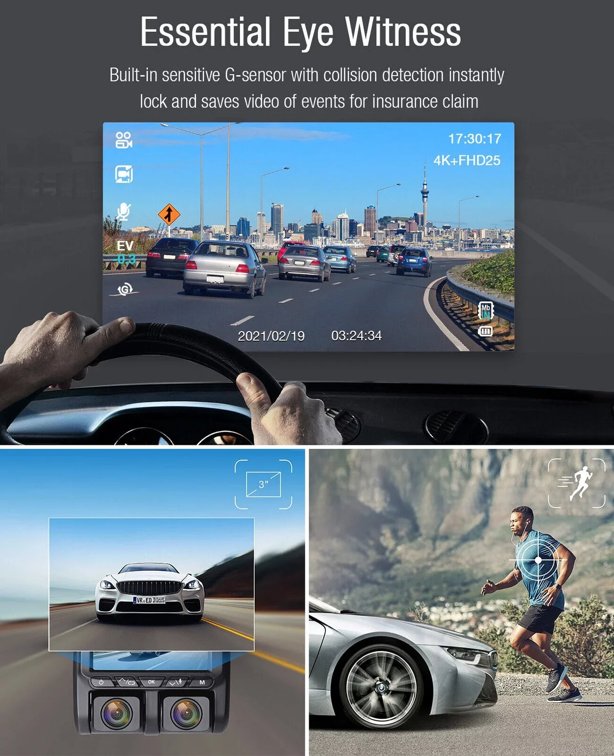 Camera Loop Screen 4K+1080P Mode Dash 3" and Recording G-Sensor 4K TOGUARD Parking Camera Inside Car Cam LCD Dash Front