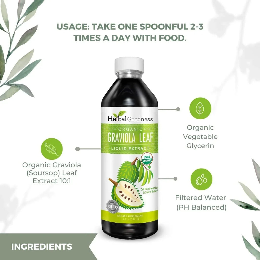 & - USDA Extract - - (Guanabana) Cell Support Soursop Ð & Relief Regeneration Organic, Bottle GMO, Graviola Kosher Liquid Stress Immune 12oz Leaf Ð Leaves Ð Non Boost