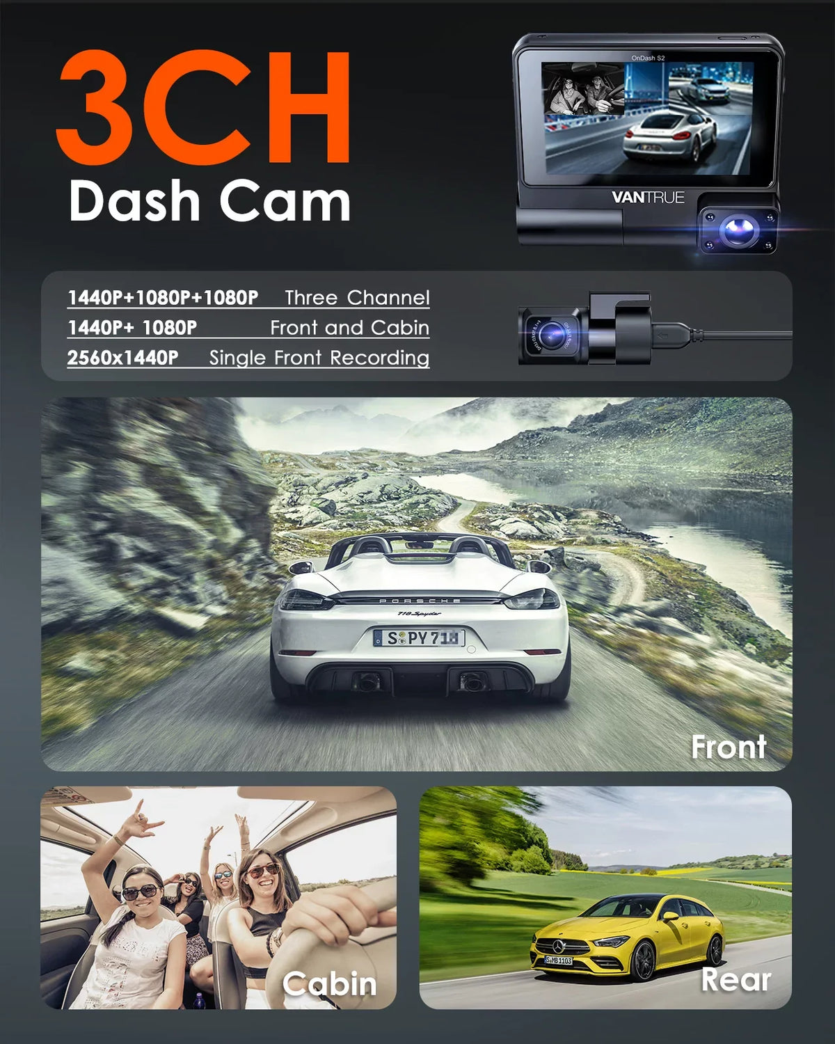 Screen Touchable IPS Monitor, 2K Cam, with Front+1080P 24h Channel 360° Car GPS Vantrue Interior Supercapacitor Dash Wide WiFi 30FPS built Rear 3 Camera in, inch Nearly +1080P S2 3 Angle, Parking