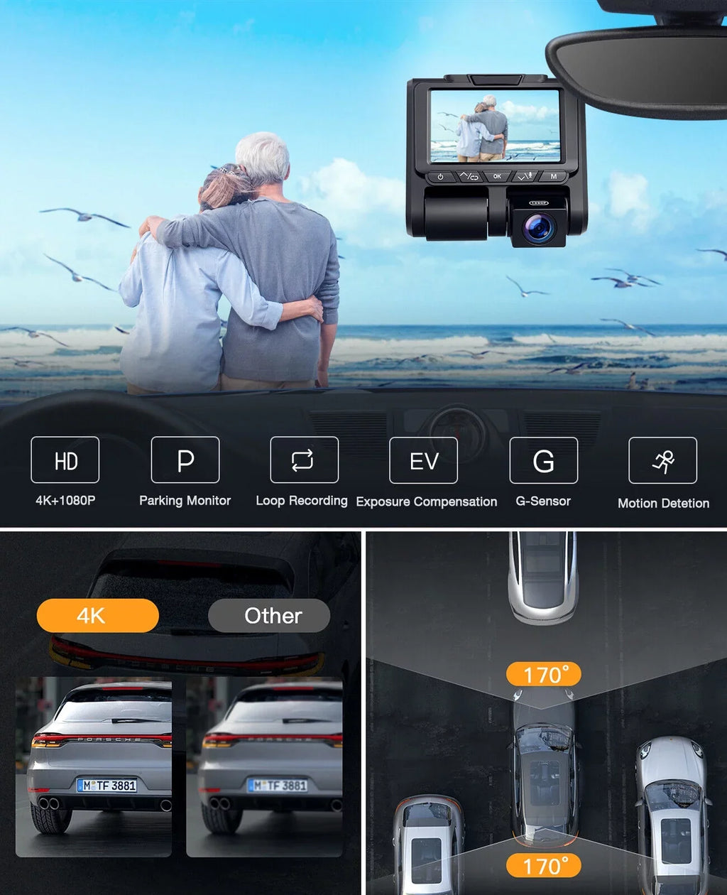 Camera Loop Screen 4K+1080P Mode Dash 3" and Recording G-Sensor 4K TOGUARD Parking Camera Inside Car Cam LCD Dash Front