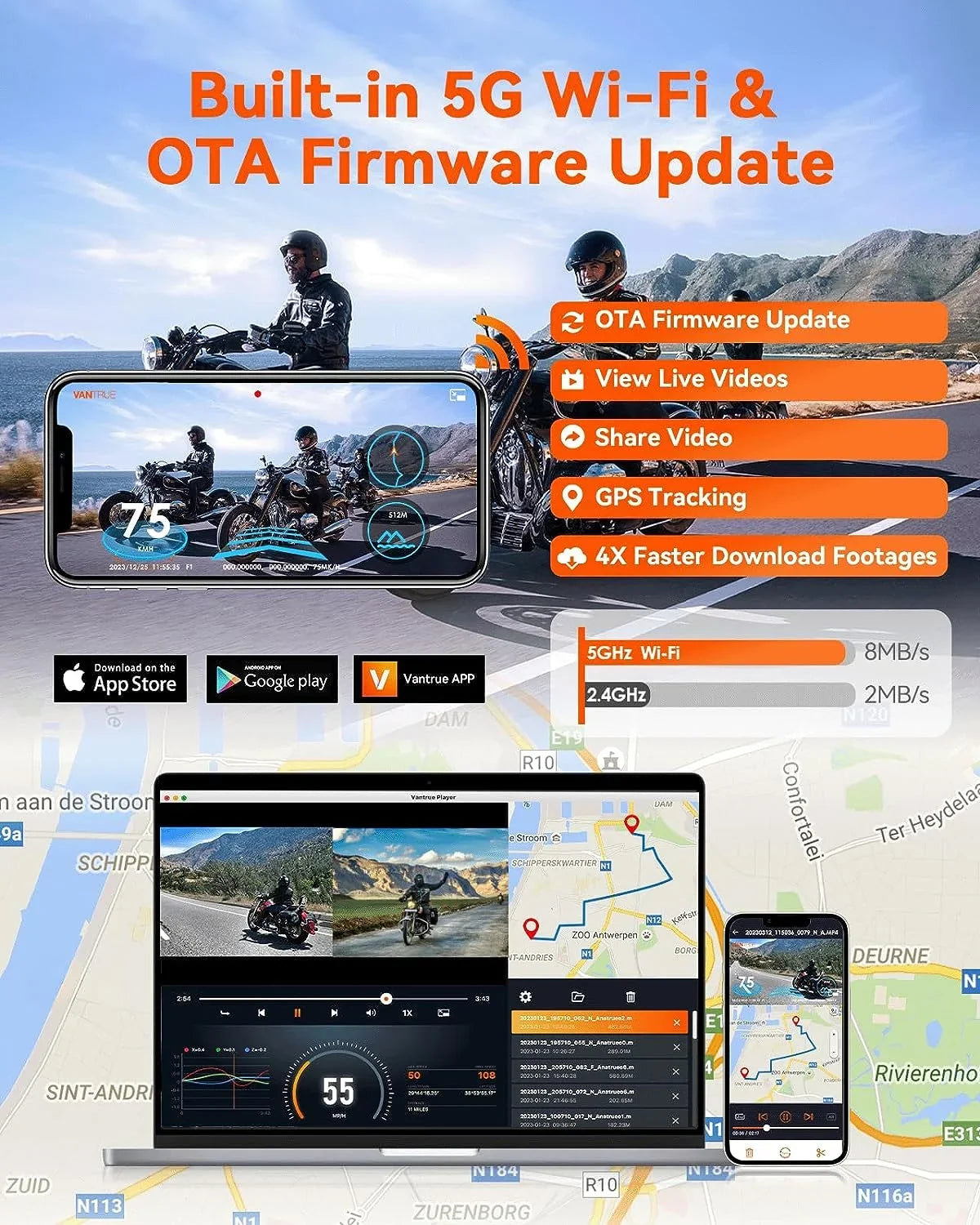 Card) (4K 1080P) Dashcam F1 | 4K GPS | Parking Motorcycle Mode WiFi (No SD Vantrue +