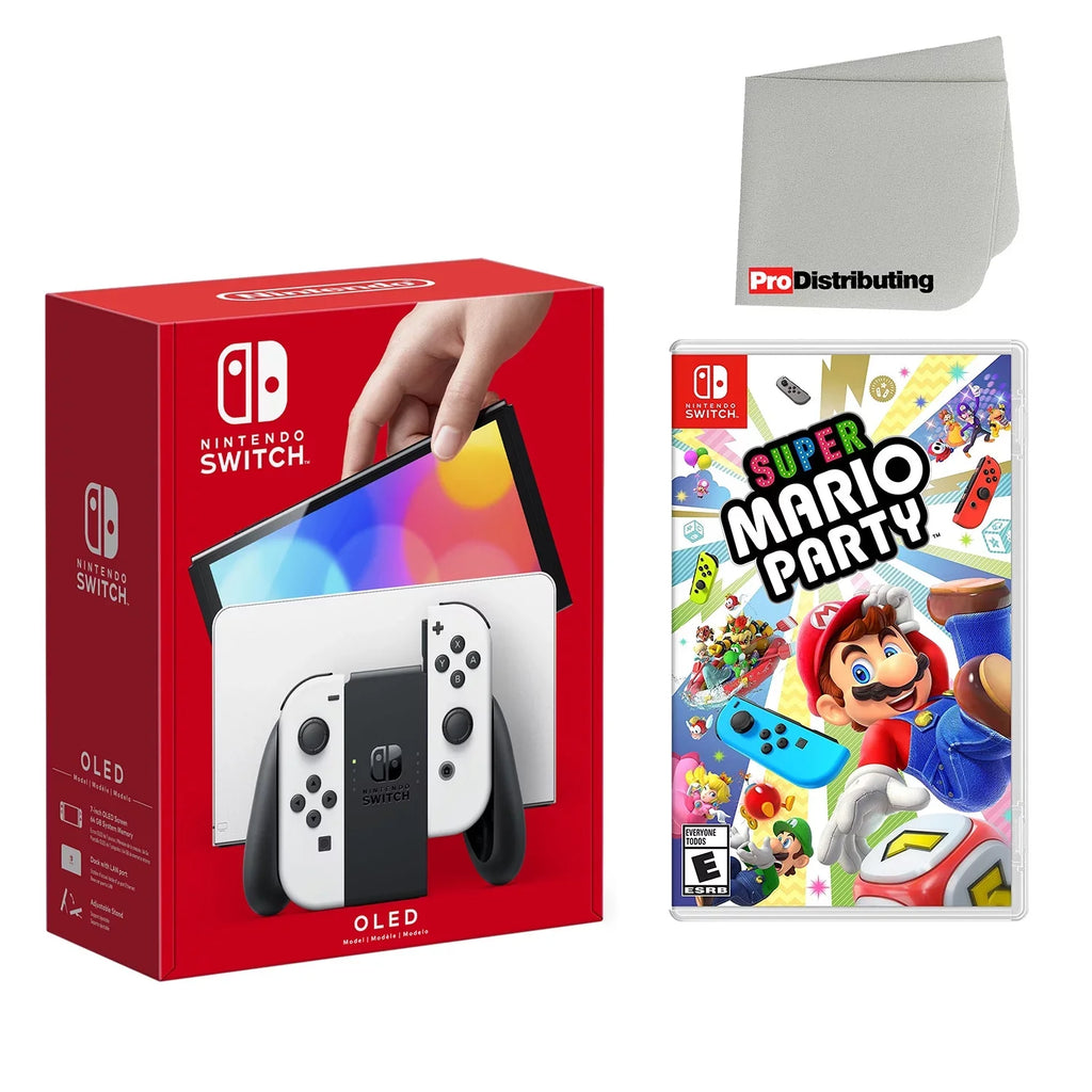 Super Switch US Party Plug and Import Nintendo Screen - White with Mario OLED Cleaning Console Cloth with