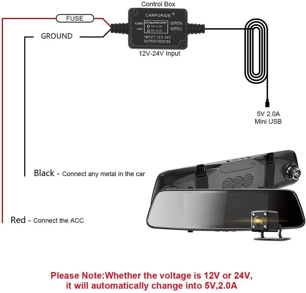 Fuse, Dash Charger Cable with 5V/2A Port, Hardwire to 12V kit Max Dash Low Camera USB 24V Mini DC Kit, Cam Car -