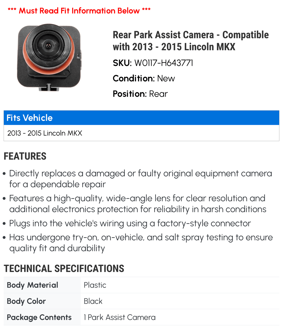 '- - Compatible Park Camera 2015 Assist Lincoln 2013 2014 with Rear MKX