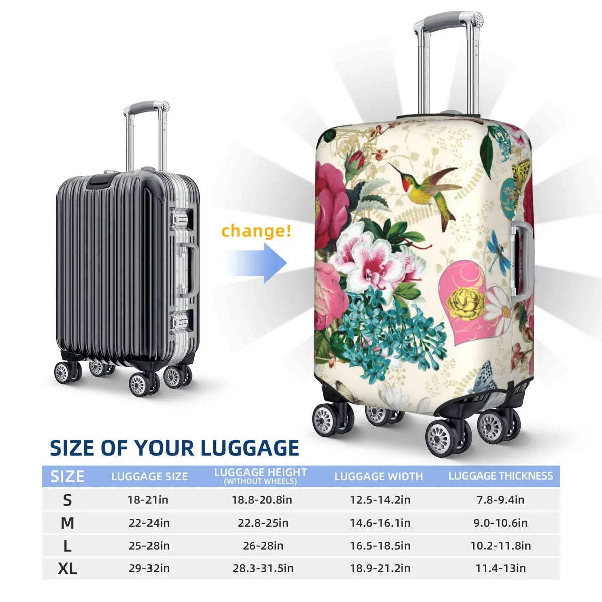 Cover Suitcase Easygdp Bird with Protective Elastic Print Butterfly Hidden 18-32 and Zipper -Medium inch Washable Rose Fits Luggage