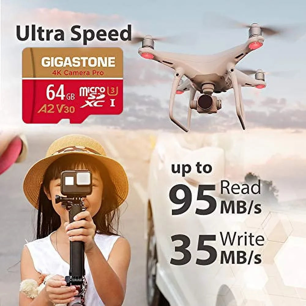 Class 5 Cam, Video GoPro A1 Gigastone Pack 10, with Pro, Camera V30 SDXC Dash Switch, Recording, MB/s, 4K Card, SD up Micro (5x64GB) Micro UHS-I 64GB 4K to R/W 95/35 Cameras, compatible Nintendo