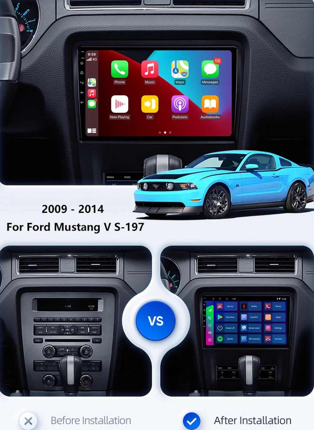 Carplay 2010-2014 Navi Car GPS Radio 2G+32G Ford 10.1" Mustang 11 Stereo For Android
